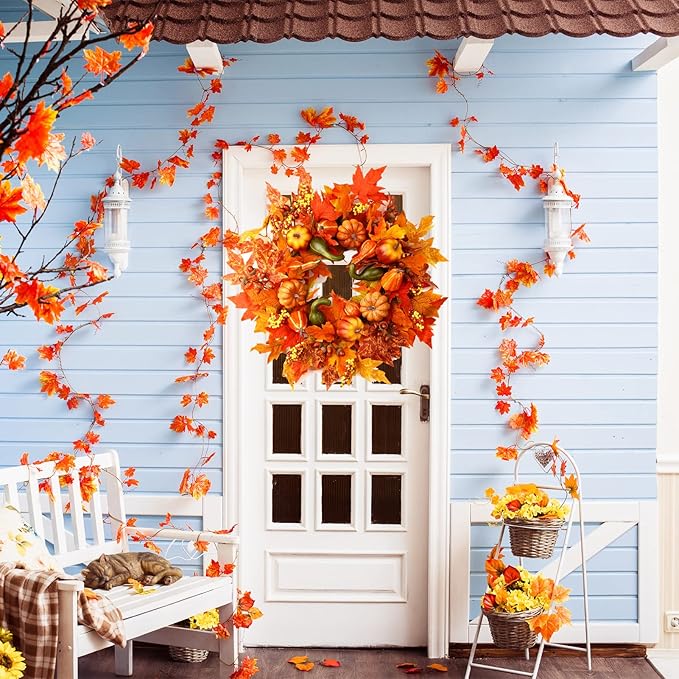 24 Inch Fall Wreaths for Front Door, Fall Decorations for Home,Fall Wreath,Autumn Wreath with Pumpkins Berries Maple Leaves for Thanksgiving Halloween Decorations Indoor Outdoor Outside Fall Decor-CasaMuseHome