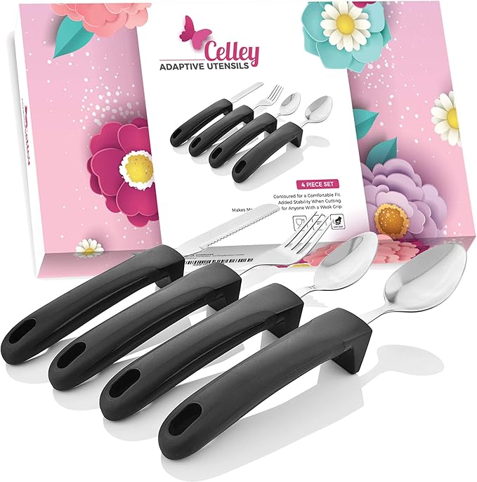 Adaptive Eating Utensils by Celley for Elderly, Handicapped | 4pc Easy Grip Silverware Stainless Steel Knife, Fork, 2 Spoons – (Black)-CasaMuseHome