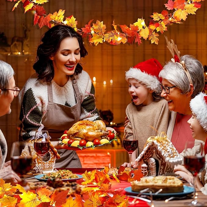 2 Pack Fall Decor Maple Leaves Garland with Lights Battery Operated Fall Thanksgiving Decorations Garland for Home Porch Front Door Table Mantle Outdoor Autumn Harvest Halloween Decor, 11.8Ft 40LED-CasaMuseHome