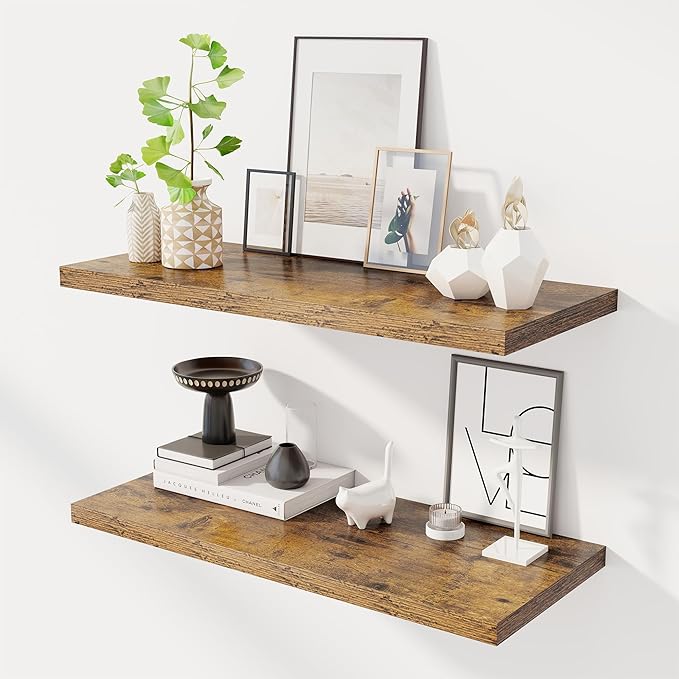 32" Floating Shelves for Wall, 12" Deep Slim Rustic Brown Floating Shelves, Wall-Mounted Shelves for Bedroom, Living Room, Kitchen, Bathroom - Set of 2-CasaMuseHome