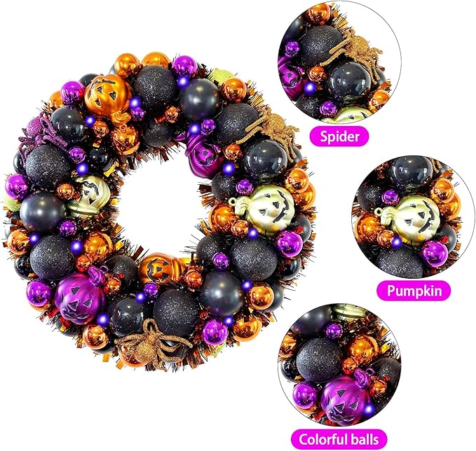 13.8 Inch Halloween Ball Wreath for Front Door with Lights, Lighted Cute Treat-or-Trick Door Wreath Ball Ornament for Halloween Indoor Decorations Centerpiece Party Holiday Wall Home Decor-CasaMuseHome
