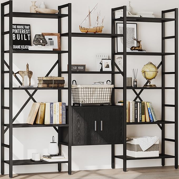 70 x70 Triple 5 Tier Book Shelf, Industrial Large Bookcase with Storage Cabinet, Tall Bookshelf with 14 Open Display Shelves Metal Frame Furniture for Living Room Bedroom Home Office Black-CasaMuseHome