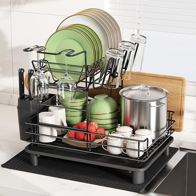 2 Tier Black Large Stainless Steel Dish Drainers Drying Rack for Kitchen Counter with Drainboard, Rust Proof Metal, Space Saving, Modern Aesthetic, Compact Plates Strainers with Extra Mat-CasaMuseHome