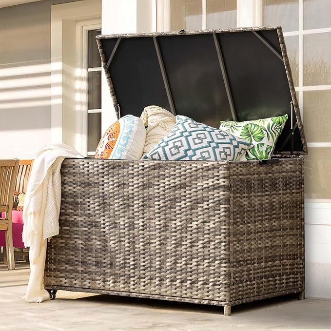 178 Gallon Outdoor Storage Box, Patio Deck Box with 2 Wheels, Handle Large Portable Wicker Rattan Deck Box for Patio Furniture Cushions, Throw Pillows, Garden Tools and Pool Floats (Gray)-CasaMuseHome