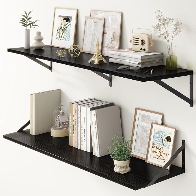 12 Inch Deep Floating Shelves, Black Floating Shelves 48W x 12D, Deep Wall Shelves Bracket Set of 2, Large Display Hanging Floating Shelf for Bathroom, Living Room, Wide Storage Wooden Wall Shelf-CasaMuseHome