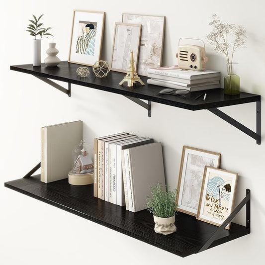 12 Inch Deep Floating Shelves, Black Floating Shelves 48W x 12D, Deep Wall Shelves Bracket Set of 2, Large Display Hanging Floating Shelf for Bathroom, Living Room, Wide Storage Wooden Wall Shelf-CasaMuseHome