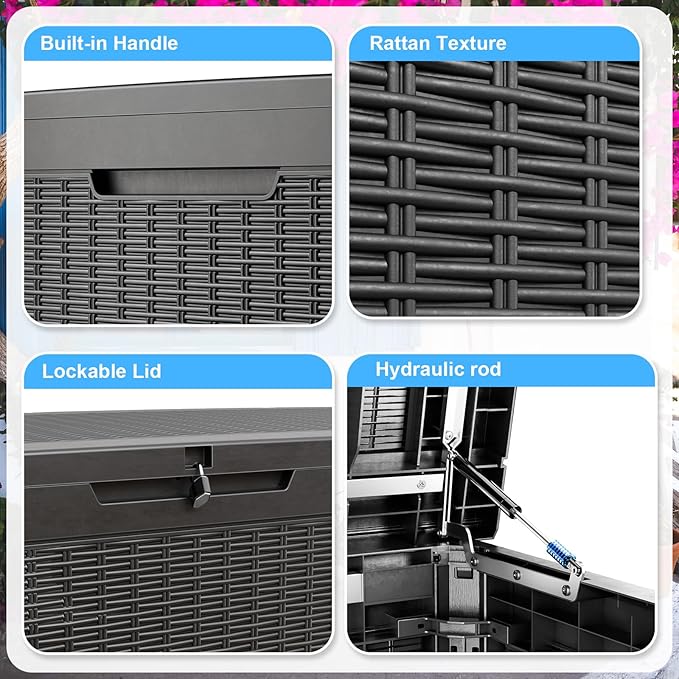 260 Gallon Large Resin Deck Box, Lockable Outdoor Storage Box for Patio Cushions Storage Furniture,Garden Tools, Pool Supplies, Weatherproof and UV Resistant-Black Rattan (260 Gallon)-CasaMuseHome