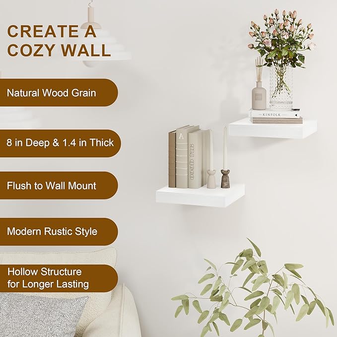 8 Inch Deep Floating Shelves White, Rustic Wood Floating Shelf for Home Decor, 8 x 8 Inch Square Wall Shelves, Wooden Storage & Display Shelves for Kitchen, Bathroom, Living Room, Set of 2-CasaMuseHome