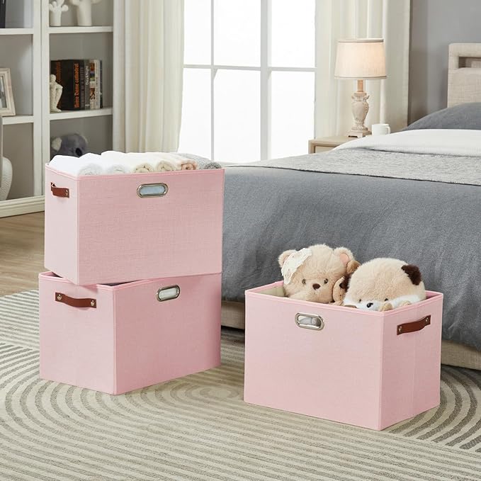 3-Pack Foldable Fabric Storage Bins with Durable PU & Metal Handles, Collapsible Storage Baskets for Shelves, Home Storage, Closet Organizers, Living Room(17"x11.8"x11.8", Pink)-CasaMuseHome