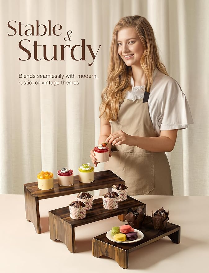 Acacia Wooden 3 Tier Cupcake Stand - Risers for Display for Food Buffet Risers and Stands – Food Stands for Display Party – Acacia Wooden Cupcake Stand - Set of 3 Size (Walnut Color)-CasaMuseHome