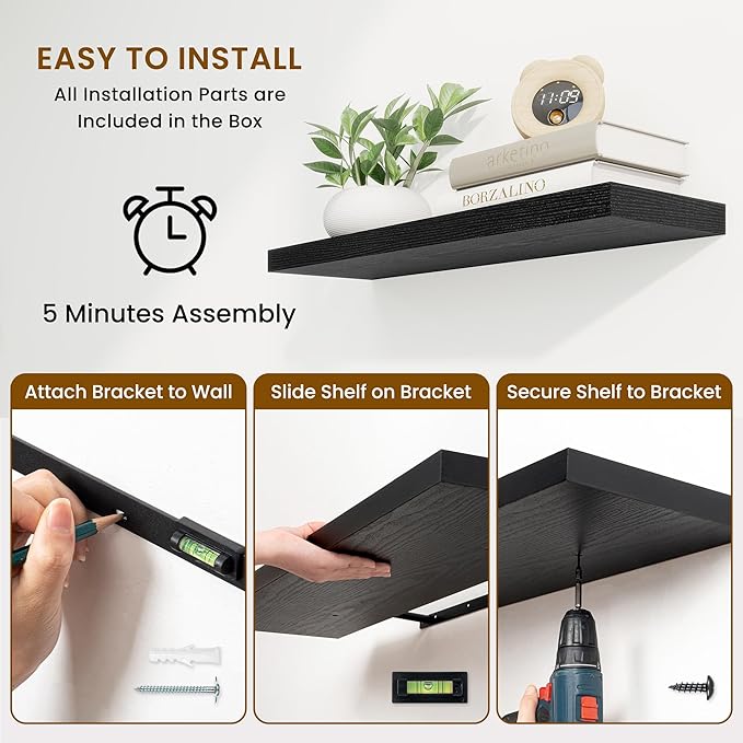 36 Inch Floating Shelves, 9.3 Inch Deep Rustic Wall Shelves - Extra Deeper Wall Mounted Storage Shelves for Bathroom, Kitchen, Living Room (Black, Set of 2)-CasaMuseHome