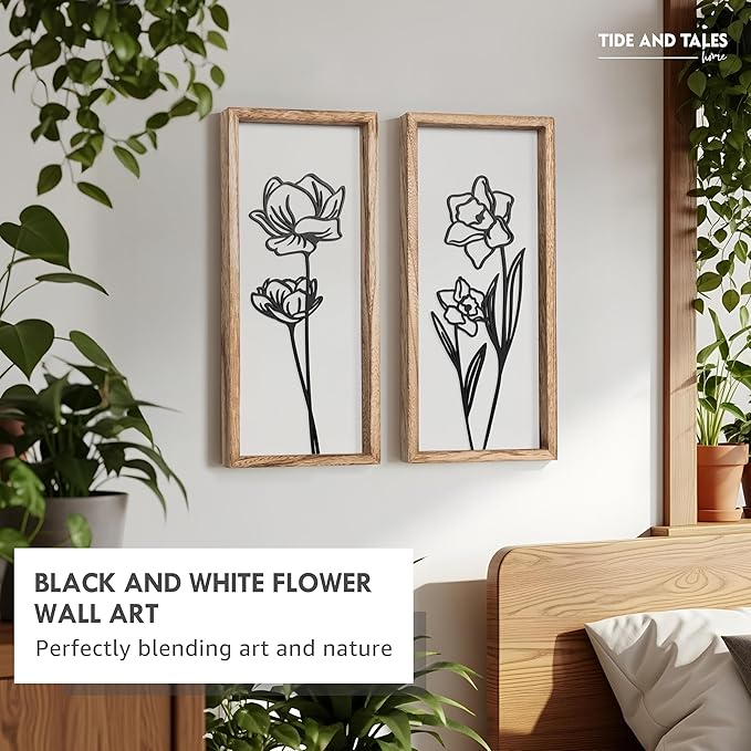 3D Black and White Wall Art (Set of 2) Lightweight, Wooden Ready-to-Hang Framed Floral Wall Art for Bathroom, Bedroom, Living Room or Office – Boho Botanical Farmhouse Decor – Gift-Boxed-CasaMuseHome