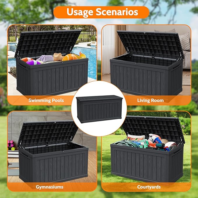 260 Gallon Double-Wall Resin Deck Box - Lockable Waterproof Outdoor Storage Box, 1000lbs Capacity & Doubles as Seating for Patio Furniture - Garden Tools, Pool Accessories (Black)-CasaMuseHome