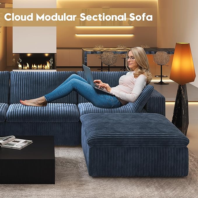 157.5" L Shaped Modern Sofa Modular Sectional Cloud Couch with Ottoman,Deep Seat Upholstered Couches with Corduroy Fabric for Living Room Furniture,Bedroom and Apartment,No Assembly Required,Blue-CasaMuseHome
