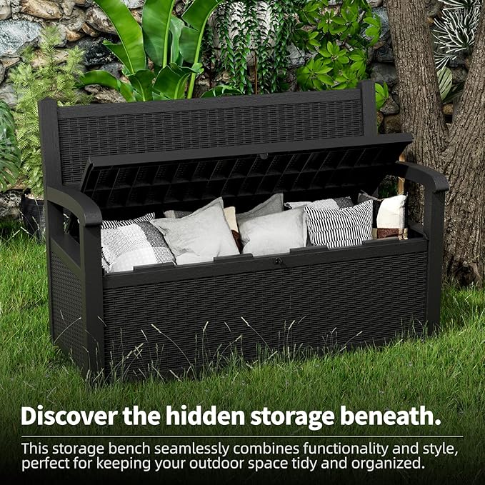 80 Gallon Storage Bench Deck Box Waterproof Lockable,Outdoor Storage Furniture for Patio,Garden and Porch,Tools and Cushions（Black）-CasaMuseHome