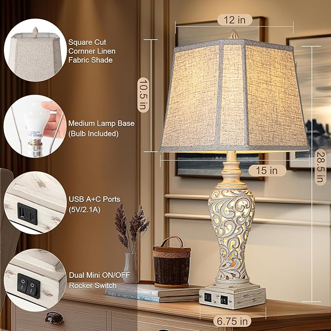 28.5" Table Lamps Set of 2 - Bedside Lamp with Fabric Shades - for Bedroom and Living Room with USB and Nightlight - Perfect for Nightstands and Bedrooms-CasaMuseHome