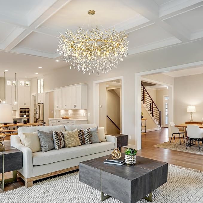 14-Light Modern Large Crystal Chandelier for Dining Room, 48" Round Gold Crystal Tree Branche Chandelier, Living Room Crystal Chandelier, Crystal Chandeliers for High Ceiling,Entryway,Foyer-CasaMuseHome