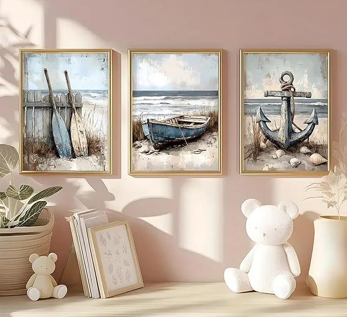3Pcs Nautical Beach Wall Art Sailboat Paddle and Anchor Paintings Pictures Wall Decor Nautical Coastal Posters Prints Artwork for Living Room Bedroom Home Office Corridor Home Decroation Unframed-CasaMuseHome