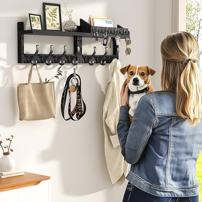 29" Coat Rack Wall Mount with Shelf, 4 in 1 Wall Mounted Coat and Key Hanger with 11 Hooks, Entryway Key Holder with Mail Holder for Living Room, Bedroom, Black-CasaMuseHome