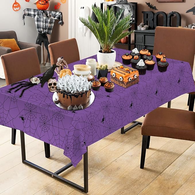2 Pcs Halloween Tablecloth - Plastic Halloweens Spider Webs Table Cloth, Purple Disposable Rectangle Spiderweb Table Cover for Halloween Party Decorations Supplies Favors Tables Decor, 108 x 54 Inch-CasaMuseHome