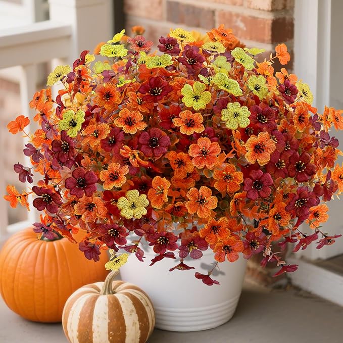 12 Bundles Artificial Fall Flowers Faux Mums for Outdoor Indoor, Artificial Plants Daisy Faux Plants Fake Mums for Fall Decor Pots Patio Garden Porch Autumn (Orange，Brown，Yellow) (12)-CasaMuseHome