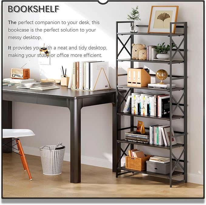 4NM 6 Tiers No Assembly Book Shelves, 61.8" H Folding Bookshelf Bookcase Open Industrial Foldable Shelves for Bedroom, Living Room, Home Office - All Black-CasaMuseHome