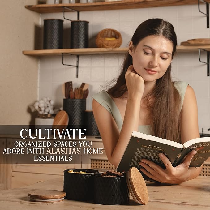 6 Canister Set for the Kitchen Countertop – Metal Food Storage Canisters with Airtight Lids for Flour, Tea, Crafts, Coffee, & Sugar – Container Set with Modern Wood Lids, Black-CasaMuseHome