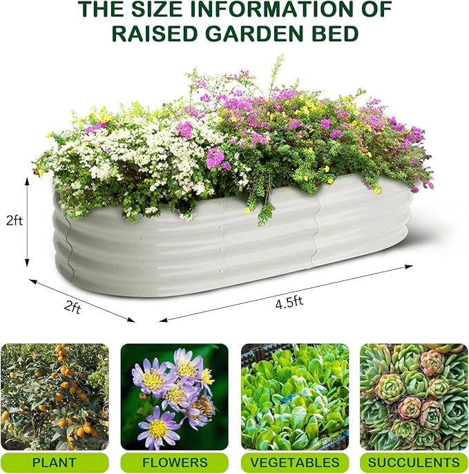 2 Pcs 4.5x2x2ft Oval Raised Garden Bed, Galvanized Raised Beds,Open-Ended Base Metal Raised Planter Beds,Garden Bed Outdoor,Planter Raised Boxes for Vegetables, Flowers,Tool-Free Asse,White-CasaMuseHome