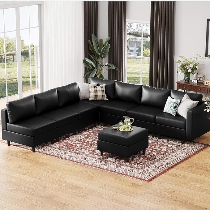 ABCASA 118.5" Faux Leather Modular Sectional Convertible Sofa, L Shaped Couch Set for Living Room, Large 8-Seater Comfy Cloud Couches with Movable Storage Ottoman DIY Combination - Black-CasaMuseHome