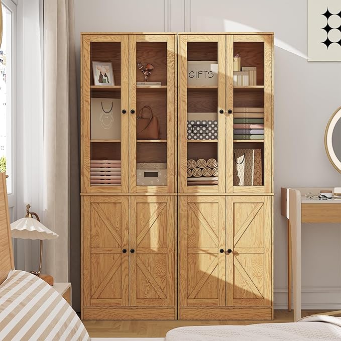 71" Tall Bookcases Set of 2, Bookshelves with Doors, 5-Shelf Bookcase with Storage, Wooden Bookshelf Floor Standing Display Storage Shelves Home Decor Furniture for Living Room,Bedroom,Natural-CasaMuseHome