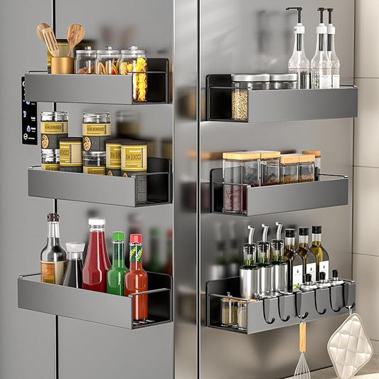 6 Pack Magnetic Spice Rack for Refrigerator, Black Magnetic Shelf for Kitchen Organizer and Storage, Mini Organizers for Oven and Fridge with 6 Hooks-CasaMuseHome