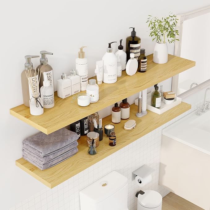 55" Floating Shelves for Wall, 12" Deep Slim Oak Floating Shelves, Wall-Mounted Shelves for Bedroom, Living Room, Kitchen, Bathroom - Set of 2-CasaMuseHome