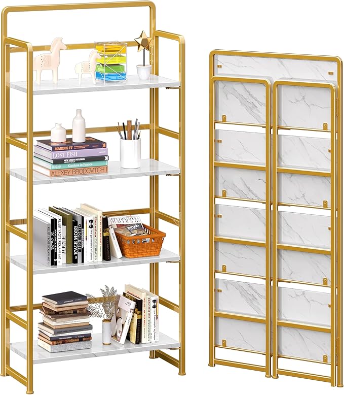4NM No Assembly Foldable Bookshelf, 4-Shelf Collapsible Bookcase Storage for Small Spaces, 54" H, White and Golden-CasaMuseHome
