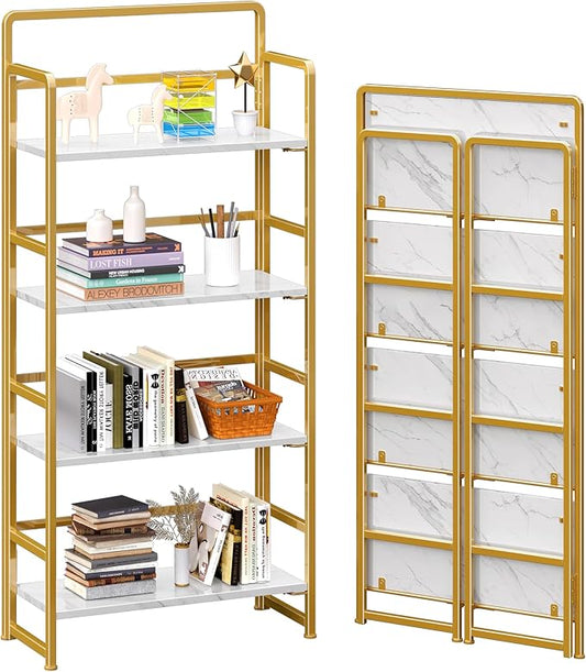 4NM No Assembly Foldable Bookshelf, 4-Shelf Collapsible Bookcase Storage for Small Spaces, 54" H, White and Golden-CasaMuseHome