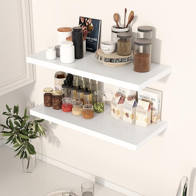 30" Floating Shelves for Wall, 12" Deep Slim White Floating Shelves, Wall-Mounted Shelves for Bedroom, Living Room, Kitchen, Bathroom - Set of 2-CasaMuseHome