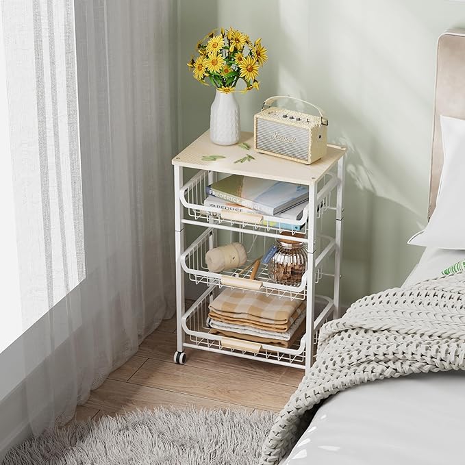 4-Layer Fruit Basket Kitchen Food Storage Organizer and Storage Rack, Stackable Storage cart with Desktop, Pull-Out Hollow Metal Storage Basket, liding Out Storage,White-CasaMuseHome