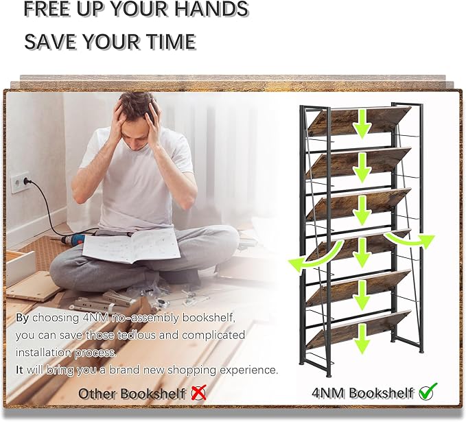 4NM No Assembly Foldable Bookshelf, 6-Shelf Collapsible Bookcase Storage for Small Spaces, 74" H, Rustic Brown and Black-CasaMuseHome
