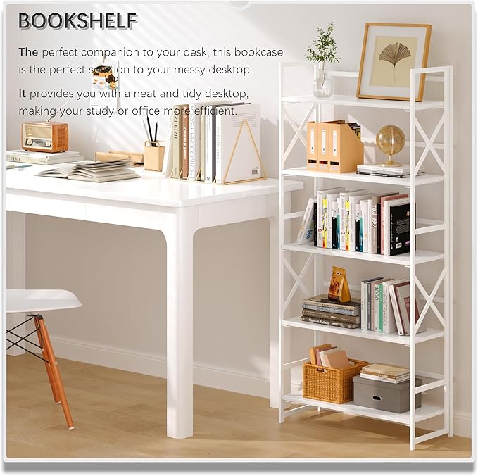 4NM 6 Tiers No Assembly Book Shelves, 61.8" H Folding Bookshelf Bookcase Open Industrial Foldable Shelves for Bedroom, Living Room, Home Office - All White-CasaMuseHome