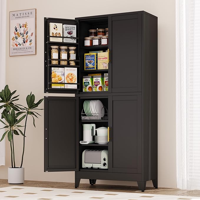 74.8" Tall Metal Food Cabinet, Black Kitchen Pantry Cabinet, Storage Cabinets with 4 Door and 4 Adjustable Shelves, Steel Freestanding Cupboard for Kitchen Dining Room Living Room Bathroom-CasaMuseHome