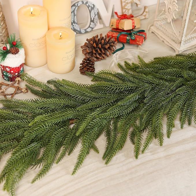 6FT Christmas Norfolk Pine Garland -1PCS, Artificial Pine Needles Garlands Faux Greenery Fake Garland for Holiday Fireplace,Table,Window,Stairs,Mante,Indoor Outdoor Decor-CasaMuseHome