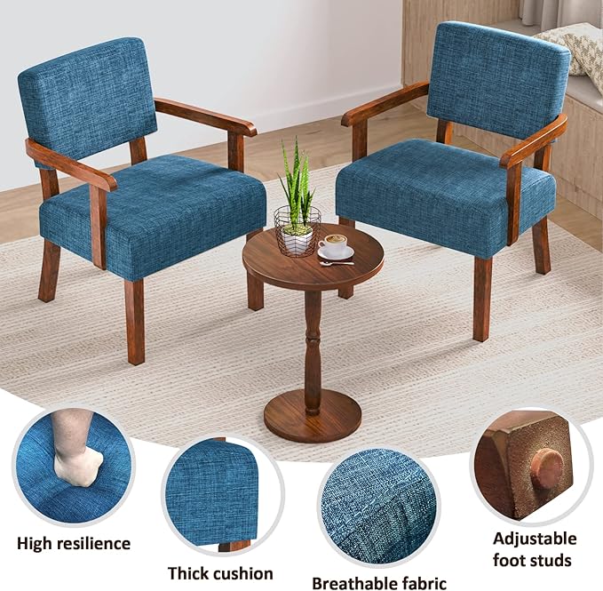Accent Chair Set of 2 with Table, Living Room Chairs with Soft Seat and Armrests for Living Room Bedroom Reading Room Waiting Room, Lake Blue (AC01)-CasaMuseHome