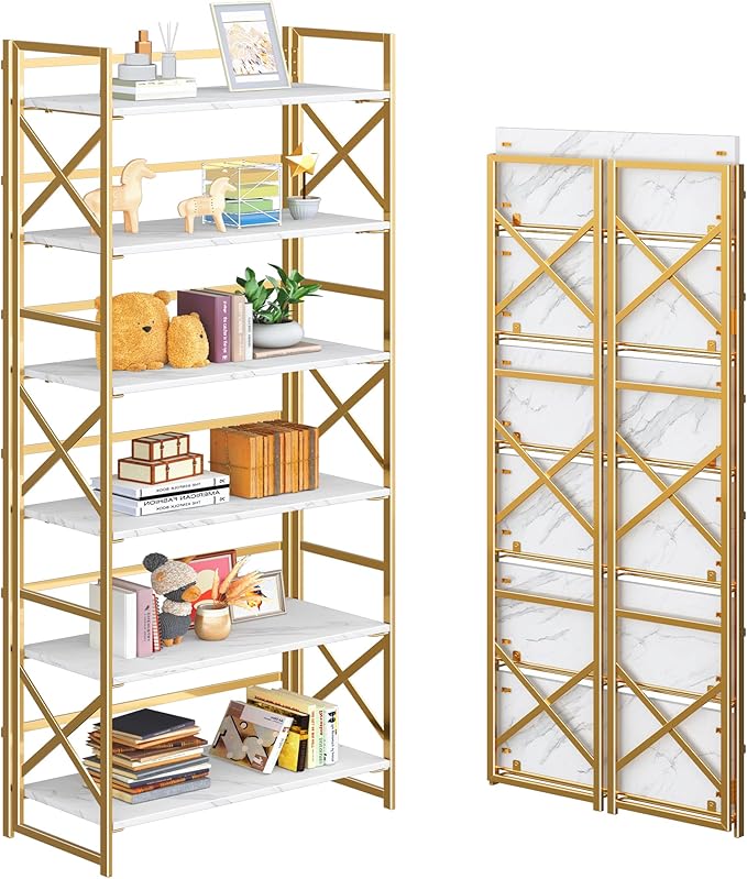 4NM 6 Tiers No Assembly Book Shelves, 61.8" H Folding Bookshelf Bookcase Open Industrial Foldable Shelves for Bedroom, Living Room, Home Office - White Gold-CasaMuseHome