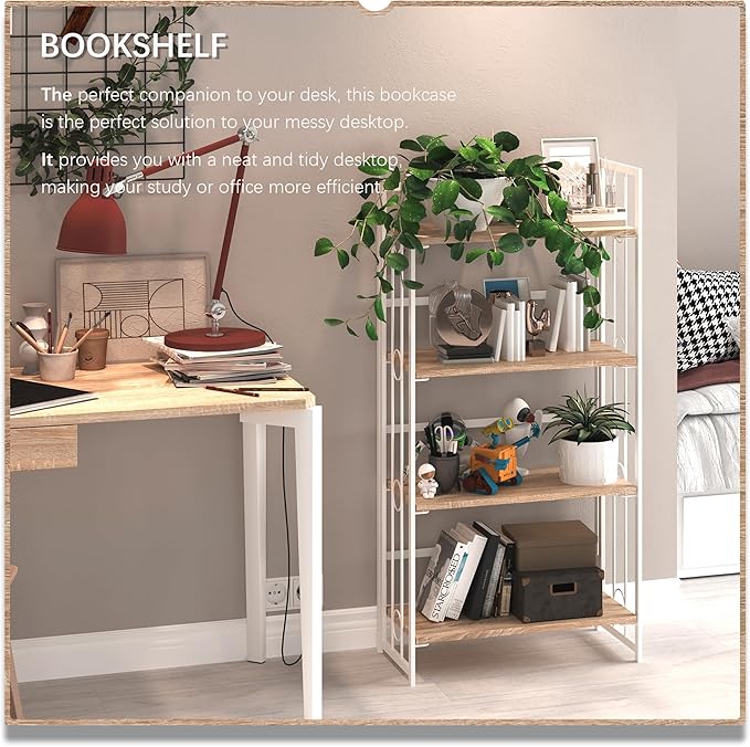 4NM No Assembly 4 Tiers Folding Bookshelf, 47.2" H Foldable Storage Shelves Vintage Bookcase Standing Racks Study Organizer Home Office - Natural White-CasaMuseHome