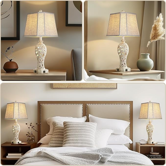 25'' Farmhouse Table Lamp for Living Room Bedroom, 2 USB Ports Vintage Rustic Nightstand Desk Lamp with Nightlight, White Hollow Out Resin Lamp for End Table (Bulb Included)-CasaMuseHome