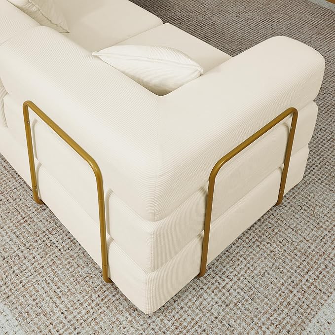 108" Oversized Convertible Sleeper Sofa Bed, Corduroy L Shape Sectional Couch, Folding Sofa Bed with Side Pocket, Modern Cloud Floor Mattress Couch, Modular Sofa for Living Room, Beige-CasaMuseHome
