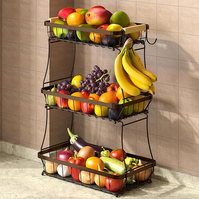 3 Tier Fruit Basket for Kitchen Counter with 2 Mobile Banana Hangers, 2025 Pro Detachable Metal Fruit Bowl with Wooden Handle, Fruit Holder for Bread Snack Veggies, Brown-CasaMuseHome