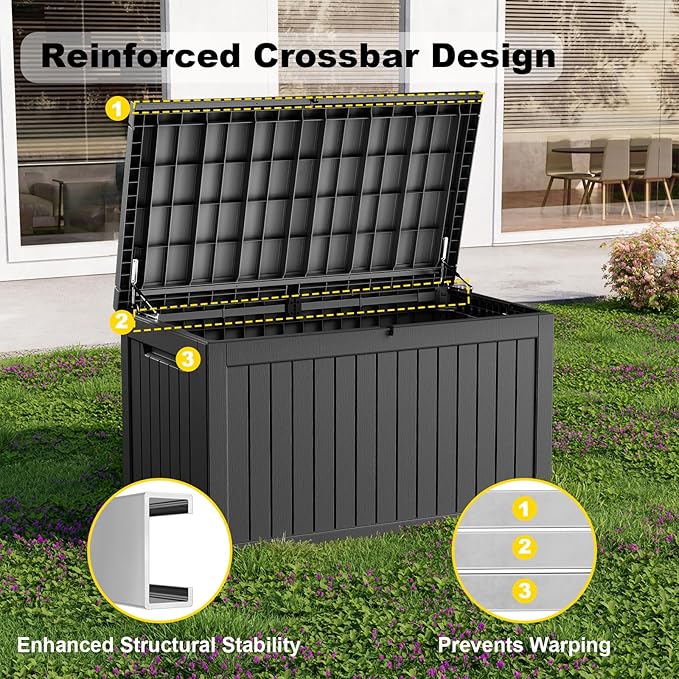 230 Gallon Outdoor Deck Box,Storage Lockable Waterproof Patio Furniture,Garden Tools,Cushions,Pool Accessories Outside Storage Resin Box(Black)-CasaMuseHome
