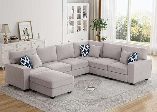 L Lengend Vansen Modular Sectional Sofa U Shaped Couch with Ottoman Modern Reversible Corner Sectional Couch for Living Room (Light Grey, U Shaped Sofa-2)-CasaMuseHome