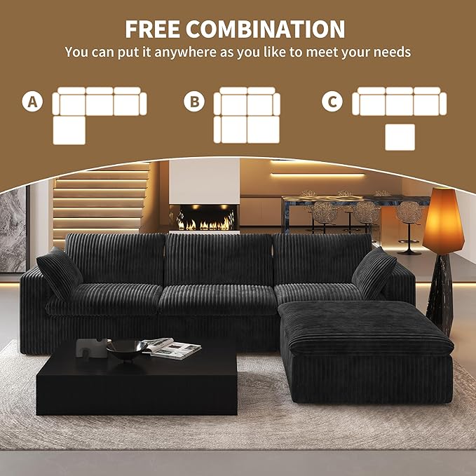 118" L Shaped Modern Sofa Modular Sectional Cloud Couch with Ottoman,Deep Seat Upholstered Couches with Plush Corduroy Fabric for Living Room Furniture,Bedroom and Apartment,No Assembly Required,Black-CasaMuseHome