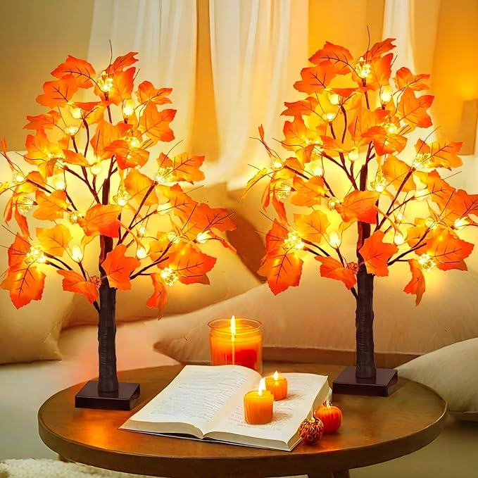 2 Pack 24 Inch Prelit Fall Maple Tree Fall Decor with 48 LED Timer Battery Operated Artificial Fall Light Up Tree Pumpkin Maple Acorn for Fall Thanksgiving Decorations Table Home Indoor Autumn Harvest-CasaMuseHome